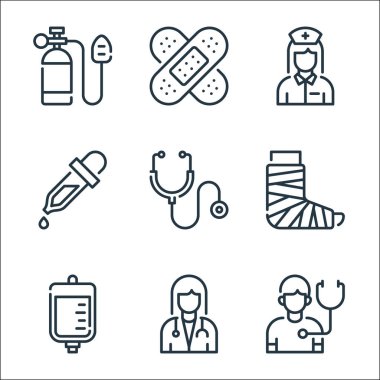 Tıbbi hat simgeleri. Doğrusal küme. İnceleme, doktor, serum, bandaj, stetoskop, damlatıcı, hemşire, bandaj gibi kalite vektör çizgisi