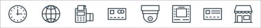 Bankacılık ve finans sektörü simgeleri. Doğrusal küme. Kaliteli vektör dizisi, alışveriş mağazası, Cit kartı, ATM, CCCTV kamera, cit kartı, pos terminal, internet gibi