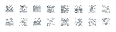 Doğa ve peyzaj çizgisi simgeleri. Doğrusal küme. Sıcak hava balonu, yel değirmeni, çöl, dağlar, deniz feneri, şehir manzarası, traktör, tropikal