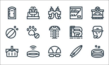 Su parkı çizgisi simgeleri. Doğrusal küme. Havuz, gözlük, piknik sepeti, sörf tahtası, kablosuz, top, su kaydırağı, satış makinesi, çeşme gibi kalite vektör dizileri