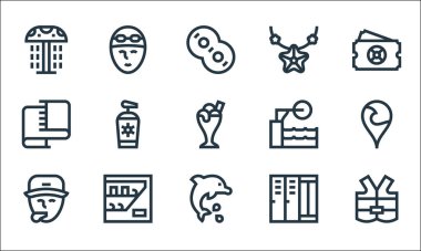 Su parkı çizgisi simgeleri. Doğrusal küme. Can yeleği, yunus, cankurtaran, dolaplar, otomat, havlu, sıçrama tahtası, denizyıldızı, yüzücü gibi kalite vektör dizileri