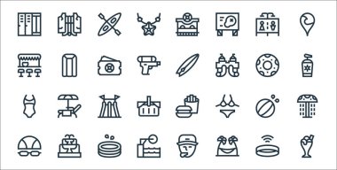 Su parkı çizgisi simgeleri. Doğrusal küme. Dondurma fincanı, hamak, sıçrama tahtası, gözlük, top, su kaydırağı, güneş kremi, sörf tahtası, döşek gibi kalite vektör dizileri