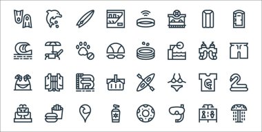 Su parkı çizgisi simgeleri. Doğrusal küme. Duş, şnorkel, güneş kremi, çeşme, su parkı, su kaydırağı, mayo, havuz, güneş yatağı gibi kalite vektör dizileri