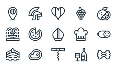 İtalya çizgi simgeleri. Doğrusal küme. Makarna, tirbuşon, ponte vecchio, şarap, biftek, çeşme, şef şapkası, üzüm, Roma miğferi gibi kalite vektör dizileri