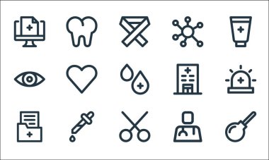 Tıbbi öğeler çizgisi simgeleri. Doğrusal küme. Armut lavmanı, makas, klasör, doktor, damlatıcı, göz, hastane, virüs, diş gibi kalite vektör çizgisi