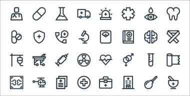 Tıbbi öğeler çizgisi simgeleri. Doğrusal küme. Geleneksel, hastane, sağlık, x ışını, kimya, aşı, AIDS, ağırlık ölçeği, kalkan gibi kalite vektör dizileri