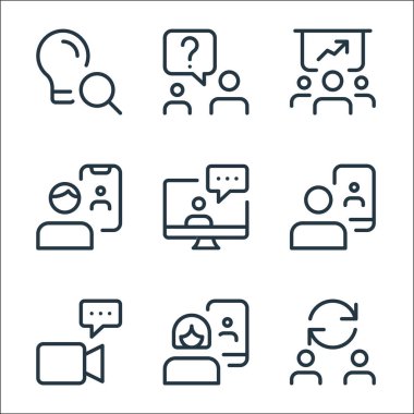 Çalışma ofisi ve buluşma çizgisi simgeleri. Doğrusal küme. kalite vektör dizisi: reset, kadın, chat, görüntülü sohbet, masaüstü bilgisayarı, video çağrısı, iş sunumu, soru işareti