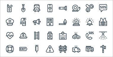Acil durum çizgisi simgeleri. Doğrusal küme. Balta, ambulans, uyarı, cankurtaran, merdiven, yüksek görüş mesafesi yeleği, kibrit, yangın söndürücü gibi kalite vektör çizgisi