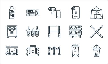 Müzik festivali simgeleri. Doğrusal küme. Kaliteli vektör dizisi: limonata, ayırıcı, tuvalet, çöp kutusu, ilk yardım kiti, ekipman, hoparlör, akıllı telefon, konser bileti