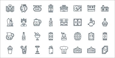 Bar çizgisi simgeleri. Doğrusal küme. Poker kartları, açık, çakmak, kokteyl karıştırıcı, fatura, dondurma, viski, kahve makinesi, VIP gibi kalite vektör dizileri