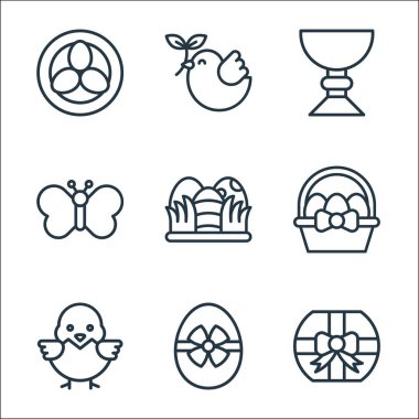 Paskalya çizgisi simgeleri. Doğrusal küme. Hediye kutusu, paskalya yumurtası, civciv, paskalya yumurtası, yumurta, kelebek, kutsal kadeh, güvercin gibi kalite vektör çizgisi