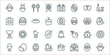 Paskalya çizgisi simgeleri. Doğrusal küme. Hatun, tebrik kartı, tavuk, haşlanmış yumurta, uğur böceği, paskalya yumurtası, yumurta boyası, mesaj, paskalya yumurtası gibi kalite vektör dizileri