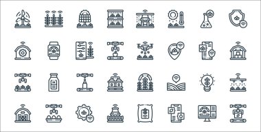 Akıllı çiftlik çizgisi simgeleri. Doğrusal küme. Taşıyıcı, su kontrolü, traktör, akıllı çiftlik, akıllı çiftlik, taşıyıcı, depolama, gübre, akıllı sepet gibi kalite vektör çizgisi kümesi