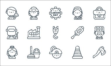 İşçi bayramı sembolleri. Doğrusal küme. Balta, dairesel testere, koni, temizlik, kaynakçı, tornavida, işçi, hizmetçi gibi kalite vektör dizileri