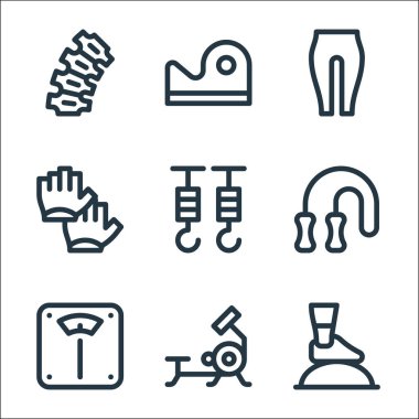 pilates çizgisi simgeleri. Doğrusal küme. bosu topu, kürek makinesi, pullar, ip atlama, kanca, eldiven, pantolon, kontür gibi kalite vektör çizgisi kümesi