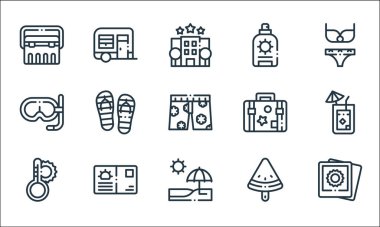 Yaz çizgisi simgeleri. Doğrusal küme. resim, plaj, termometre, kartpostal, şnorkel, seyahat çantası, güneş, karavan gibi kalite vektör dizileri