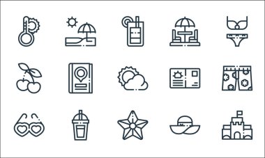 Yaz çizgisi simgeleri. Doğrusal küme. Kumdan kale, deniz yıldızı, güneş gözlüğü, pamela şapka, smoothie, kiraz, kartpostal, şemsiye, plaj gibi kalite vektör dizileri