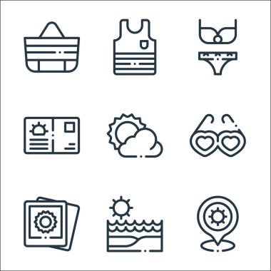 Yaz çizgisi simgeleri. Doğrusal küme. Plaj, plaj, resimler, güneş gözlükleri, güneş, kartpostal, mayo, kolsuz bluz gibi kalite vektör dizileri