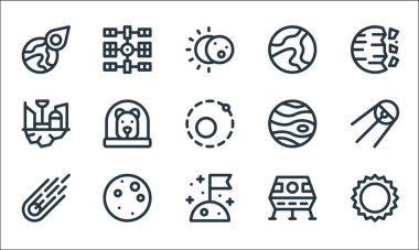 Uzay çizgisi simgeleri. Doğrusal küme. Güneş, bayrak, göktaşı, ay modülü, dolunay, uzay kolonisi, jupiter, dünya, uzay istasyonu gibi kalite vektör çizgisi