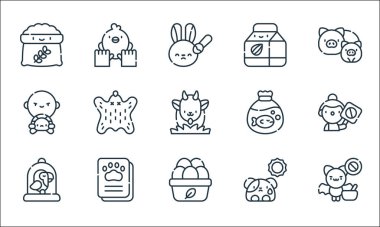 Hayvan refahı simgeleri. Doğrusal küme. Yarasa, organik yumurta, kuş kafesi, köpek, aşı, vahşi yaşam, hayvan ticareti, badem sütü, hayvan bakımı gibi kalite vektör dizileri