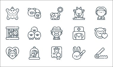 Hayvan refahı simgeleri. Doğrusal küme. Ayı tuzağı, sertifika, evcil hayvanlar, hayvan testleri, kuş kafesi, maymun, veteriner, keçi, domuz gibi kalite vektör dizileri