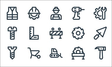 İşçi bayramı sembolleri. Doğrusal küme. Çekiç, buldozer, vida, testere, el arabası, vida, dairesel testere, sondaj makinesi, miğfer gibi kalite vektör dizileri