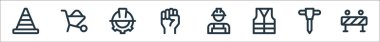 İşçi bayramı sembolleri. Doğrusal küme. Trafik bariyeri, kaya matkabı, yansıtıcı yelek, inşaat işçisi, el kaldırma, miğfer, el arabası gibi kalite vektör çizgisi
