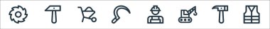 İşçi bayramı sembolleri. Doğrusal küme. Yansıtıcı yelek, çekiç, vinç, inşaat işçisi, orak, el arabası, çekiç gibi kalite vektör çizgisi