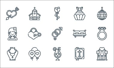 Evlilik çizgisi simgeleri. Doğrusal küme. Düğün kemeri, kokteyl, kolye, incil, balon, nedime, çift yatak, kek, kilise gibi kalite vektör dizileri