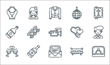 Evlilik çizgisi simgeleri. Doğrusal küme. Teklif, düğün, çift kişilik yatak, şarap şişesi, şampanya, kalp, disko topu, nedime gibi kalite vektör dizileri