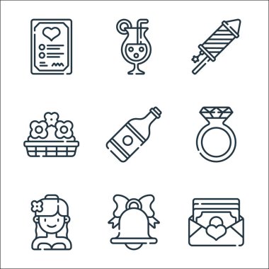 Evlilik çizgisi simgeleri. Doğrusal küme. Zarf, düğün, gelin, evlenme teklifi, şampanya, çiçek, havai fişek, kokteyl gibi kalite vektör çizgisi