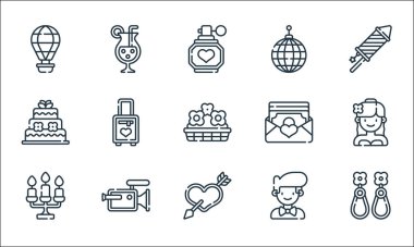 Evlilik çizgisi simgeleri. Doğrusal küme. Küpeler, aşk, mumlar, damat, kamera, düğün pastası, zarf, disko topu, kokteyl gibi kalite vektör dizileri