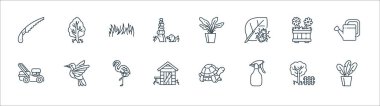 Bahçe çizgisi simgeleri. Doğrusal küme. Bitkiler, sprey, baraka, çim biçme makinesi, saksı, bitki, ağaç gibi kalite vektör çizgisi