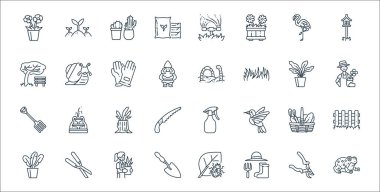 Bahçe çizgisi simgeleri. Doğrusal küme. Kurbağa, bahçe aracı, kürek, bitki, ağaç kütüğü, bahçıvan, yer solucanı, salyangoz gibi kalite vektör dizileri