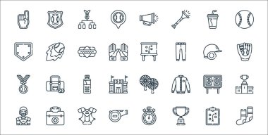 Beyzbol çizgisi simgeleri. Doğrusal küme. Çorap, kupa, ıslık, yakalayıcı, skor tabelası, su şişesi, beyzbol eldiveni, strateji, ateş topu gibi kalite vektör dizileri