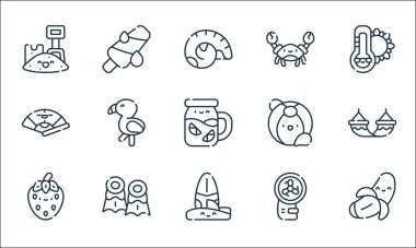 Yaz çizgisi simgeleri. Doğrusal küme. Muz, sörf, çilek, yelpaze, yüzgeç, yelpaze, plaj topu, yengeç gibi kalite vektör dizileri,