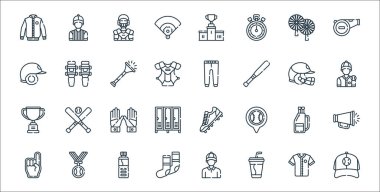 Beyzbol çizgisi simgeleri. Doğrusal küme. Beyzbol şapkası, içki, çorap, köpük el, beyzbol çantası, eldiven, oyuncu, pantolon, dizlik gibi kalite vektör çizgisi