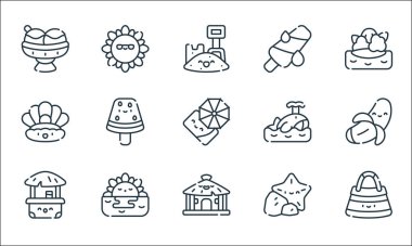 Yaz çizgisi simgeleri. Doğrusal küme. Plaj çantası, kulübe, sahil barı, deniz yıldızı, günbatımı, istiridye, balina, güneş gibi kalite vektör çizgisi