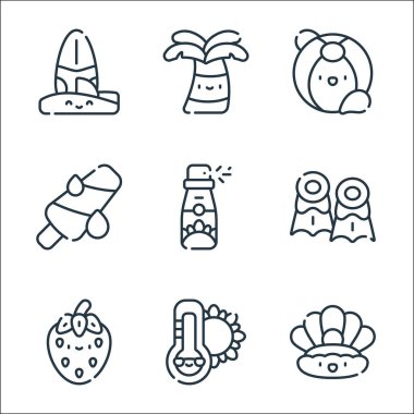 Yaz çizgisi simgeleri. Doğrusal küme. İstiridye, sıcak hava, çilek, yüzgeç, güneş kremi, plaj topu, palmiye ağacı gibi kalite vektör dizileri