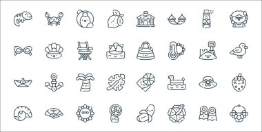 Yaz çizgisi simgeleri. Doğrusal küme. Kolye, çiçek, yelpaze, kabuk, şapka, palmiye ağacı, martı, plaj çantası, istiridye gibi kalite vektör çizgisi