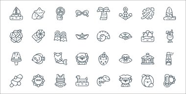 Yaz çizgisi simgeleri. Doğrusal küme. Sıcak hava, lastik halka, kulübe, deniz kızı, içecek, kabuk, plaj şemsiyesi gibi kalite vektör çizgisi