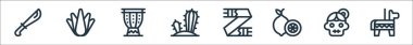 Meksika hattı ikonları. Doğrusal küme. Kaliteli vektör çizgisi: pi? ata, catrina, kireç, eşarp, kaktüs, davul, agave
