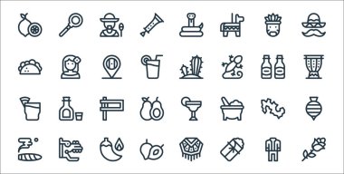 Meksika hattı ikonları. Doğrusal küme. Gül, tamale, zapot, puro, Meksika, matraca, davul, kaktüs, kadın gibi kalite vektör dizileri