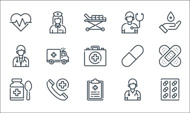 Tıbbi hat simgeleri. Doğrusal küme. Hap, tıbbi rapor, şurup, doktor, acil durum çağrısı, doktor, hap, muayene, hemşire gibi kalite vektör dizileri
