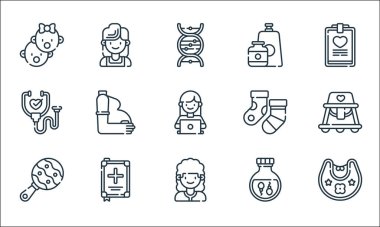 Annelik çizgisi simgeleri. Doğrusal küme. Önlük, hemşire, çıngırak, sperm, sağlık kontrolü, sağlık kontrolü, çoraplar, bebek maması, anne