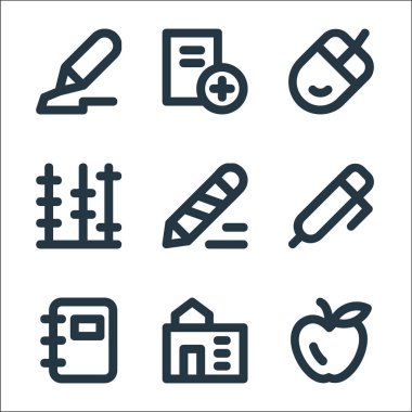 Eğitim materyali çizgisi simgeleri. Doğrusal küme. Elma, okul, defter, kalem, abaküs, fare gibi kalite vektör satırı kümesi dosya ekle