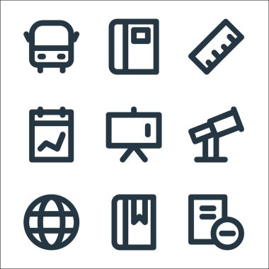 Eğitim materyali çizgisi simgeleri. Doğrusal küme. Dosya, yer imi, dünya, teleskop, beyaz tahta, rapor, cetvel, kitap gibi kalite vektör satırı seti