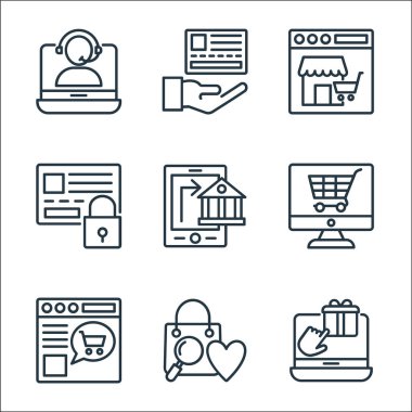 Alışveriş çizgisi simgeleri. Doğrusal küme. İnternet, alışveriş çantası, online alışveriş, çevrimiçi cep telefonu bankacılığı, güvenli ödeme, kart ödemesi gibi kalite vektör dizileri