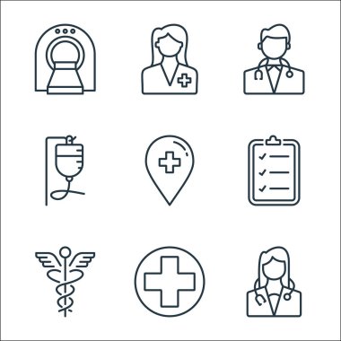Tıbbi hat simgeleri. Doğrusal küme. Doktor, haç, kauçuk, doğrulanmış, yer tutucu, aşılayıcı, doktor, hemşire gibi kalite vektör çizgisi kümesi