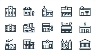 Kentsel yapı çizgisi simgeleri. Doğrusal küme. Müze, eczane, fabrika, katedral, dağ evi, lise, stadyum, laboratuvar, postane gibi kalite vektör dizileri